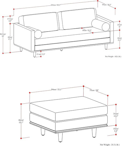 SIMPLIHOME Morrison Mid-Century Modern 89 inch Wide Sofa with Ottoman Set in Charcoal Grey Tightly Woven Performance Fabric for the Living Room and Family Room