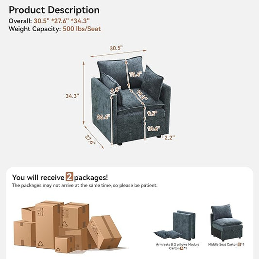 30" Cloud Modular Single Sofa Chair with Storage, Modern Upholstered Accent Chair Deep Seat, Chenille Reading Lounge Armchair for Living Room, Bedroom, Small Space, Blue