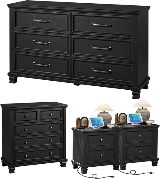 Farmhouse Bedroom Dresser and Nightstand Set of 4, 6 Drawer Low & 5 Drawers Dresser & 2 Drawer Nightstand Set, Rustic Wood Bedroom Furniture Set for Livingroom, Hallway, Black