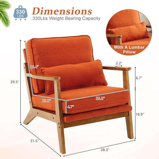 VINGLI Solid Wood Wide Armrests Accent Chair,Upholstered Mid Century Modern Chair with Pillow,Comfy Reading Chair Farmhouse Arm Chair,Chairs Living Room,Bedroom,Guest Room,Linen Fabric,Burnt Orange