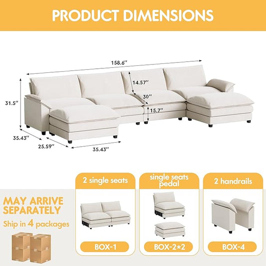 Homall 159" Modular Sectional Sofa, U Shaped Sofa Couch with Reversible Ottoman, DIY Combination Chenille Deep 4-Seat Cloud Couch for Living Room, Apartment (White, U Shaped Sofa)