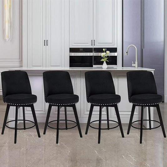 MINCETA Bar Stools Set of 4, 26 Inch Upholstered Barstools with High Back and Footrest, Swivel Counter Height Barstools for Kitchen Island Home Bar Black