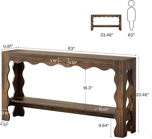 Tribesigns 63 Inch Entryway Table, Modern Rustic Entry Table with Scalloped Edge & Storage Shelf, Accent Narrow Long Sofa Table Behind Couch Console Tables for Entryway, Living Room, Dark Brown