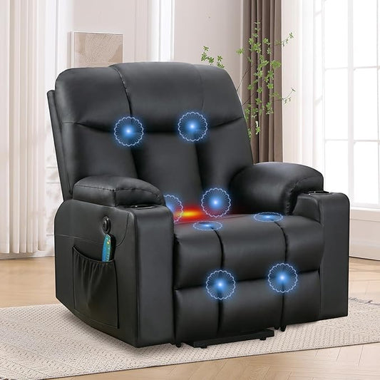 ANJ Black Power Lift Recliner Chair for Elderly with Heat & Massage, Faux Leather Electric Recliner Sofa with USB Port, Cup Holders & Side Pockets, Heavy Duty Reclining Chair for Seniors