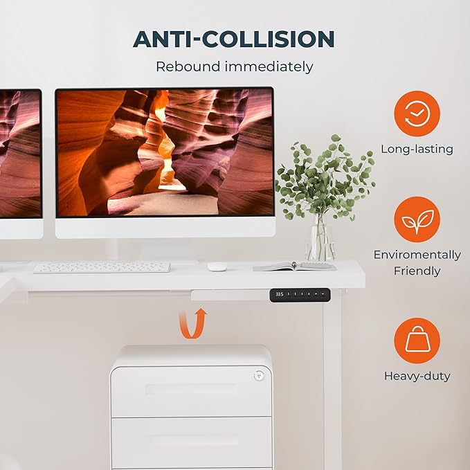 L-Shaped Standing Desk, 63 x 55 Inches Height Adjustable Desk with Storage, Sit and Stand up for Work Office Home, Ergonomic Rising Computer Table for Home Office with Splice Board, White