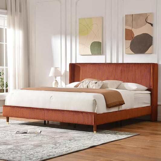 PINJU King Size Bed Frame, Upholstered Platform Bed with Modern Vertical Striped Wingback Headboard with Wooden Slats, Easy to Assemble No Noise Free (OCHER, King (U.S. Standard))