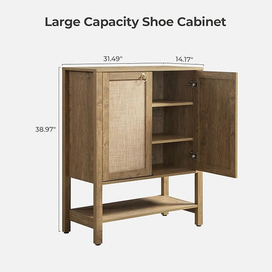SICOTAS Rattan Shoe Cabinet with Storage - 5 Tier Farmhouse Boho Shoe Organizer Storage Cabinet with Shelves & Doors, Tall Shoe Rack Cabinet for Entryway, Living Room, Closet (Carbon Cherry)