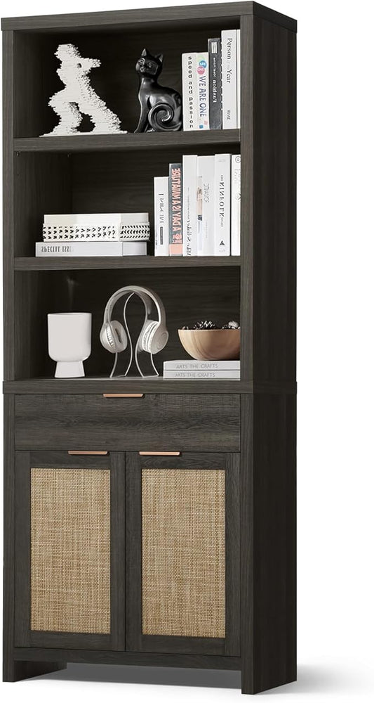 Hampstead Bookcase, Rattan Bookcase with Doors Cabinet and Drawer, 5-Tier Bookshelf, Large Wooden Book Case, Tall Bookshelves for Library Living Room (Midnight Oak, 1 Piece)
