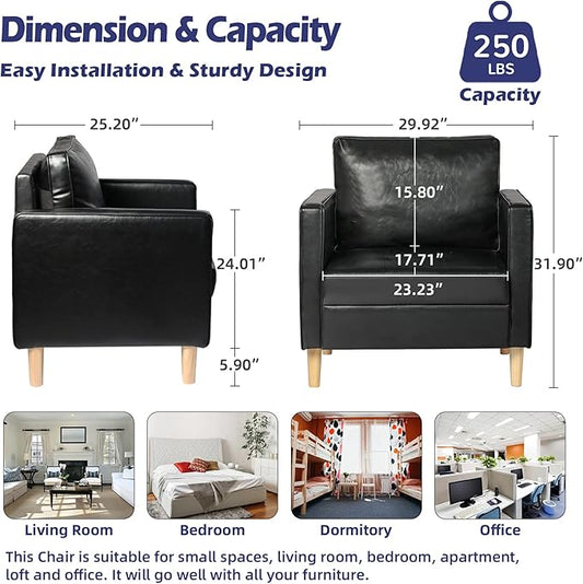 STHOUYN Black Faux Leather Accent Chairs Set of 2 Small Living Room Bedroom Chairs, Comfy Reading Chair Single Sofa for Adults, Suitable Small Spaces Office Couch, Easy Assembly