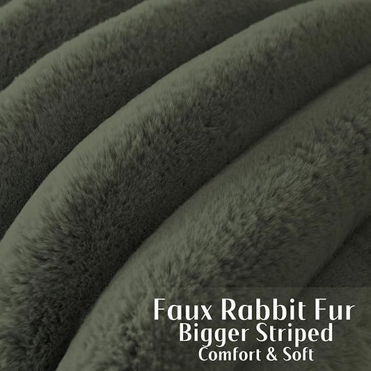 FUTEI Olive Green Decorative Throw Pillow Covers 16x16 Inch Set of 2, Square Soft Faux Rabbit Fur Big Striped Cushion Cover,Home Decor for Couch Sofa Bed Living Room