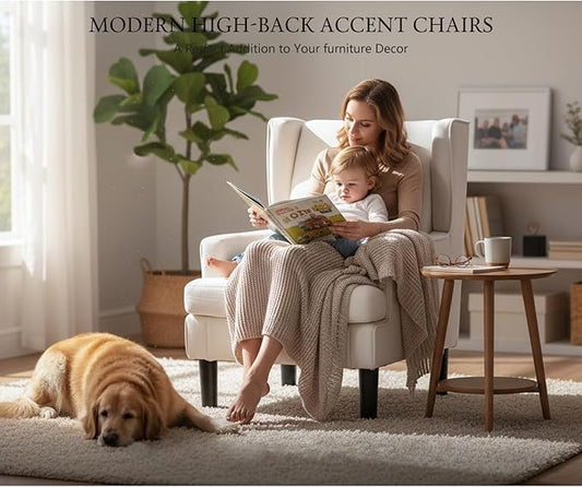 Accent Chair for Living Room Chairs Upholstered Oversized Reading Chair Armchair Accent Chairs Set of 2 Living Room Chair with High Back and Wood Legs,Arm Chair Comfy Chair for Bedroom(Beige)