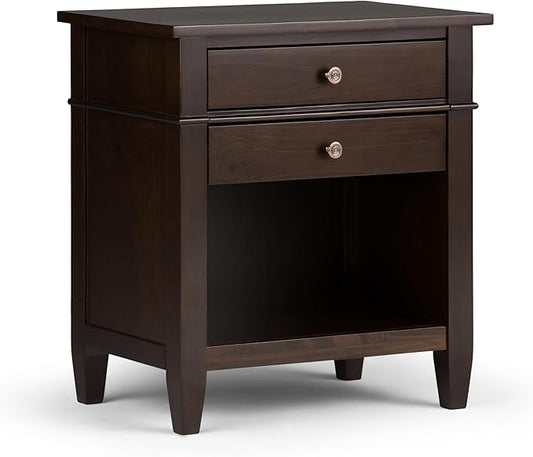 SIMPLIHOME Carlton Bedside Table - 24 inch Wide Solid Wood Nightstand Table in Dark Tobacco Brown, Transitional Bedroom Side or End Table with 2 Drawers, Open Storage Shelf and Bronze Hardware