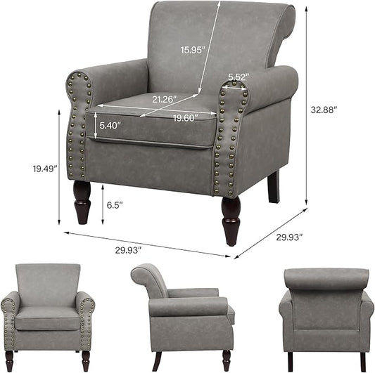 Accent Chair, Mid Century Modern Faux Leather Arm Chair with Wood Leg for Living Room, Bedroom, Comfy PU Leather Club Reading Chairs with Wingback & Nailhead Trim (Leather Grey, Set of 1)