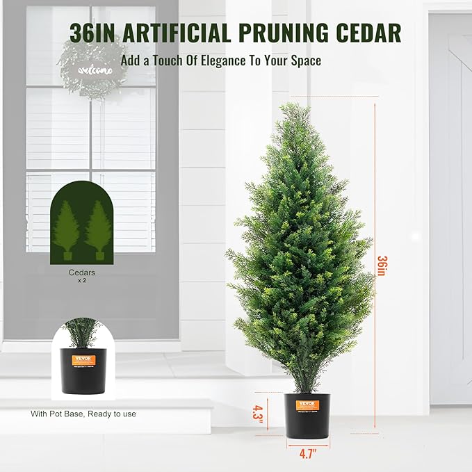 VEVOR Artificial Topiary Cedar Tree, 36 inch Tall (2 Pieces), with Extra Leaves & Pot Faux Evergreen Fake Pine Cypress Trees Plant, UV Rated Artificial Greenery Set for Home Decor Indoor/Outdoor