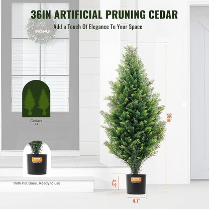 VEVOR Artificial Topiary Cedar Tree, 36 inch Tall (2 Pieces), with Extra Leaves & Pot Faux Evergreen Fake Pine Cypress Trees Plant, UV Rated Artificial Greenery Set for Home Decor Indoor/Outdoor