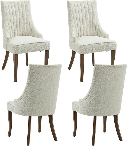 mikibama Boucle Dining Chairs Set of 4 Channel Tufted Kitchen Dinner Chair Comfy Teddy Fabric Upholstered Accent Chair for Dining Room with Solid Wood Legs (Off White 4pc)
