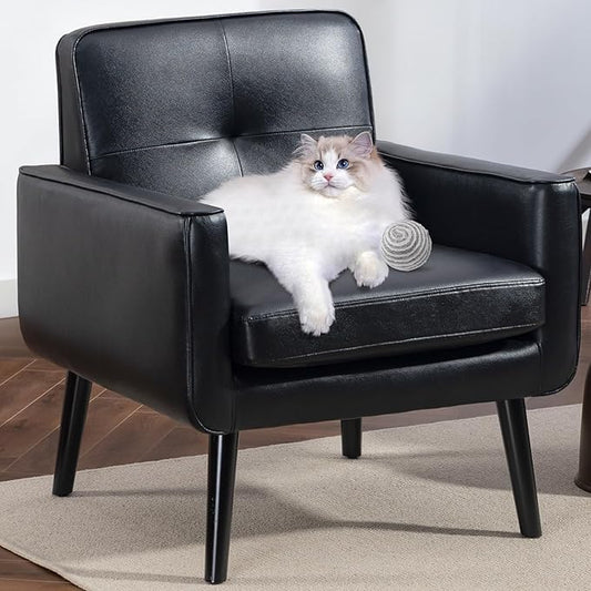 Mid Century Accent Chair, PU Leather Modern Chair with Wooden Frame, Cozy Armchair Reading Chair with Comfy Back for Apartment, Living Room, Bedroom, Waiting Room, Small Space, Corner, Black