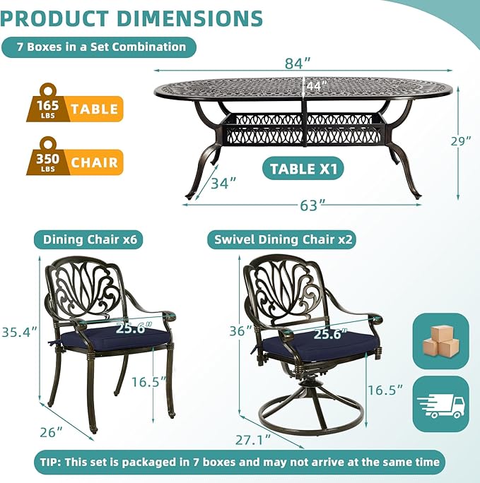 MEETWARM 9-Piece Outdoor Patio Dining Set, All-Weather Cast Aluminum Patio Conversation Set with 2 Swivel Rocker Chairs, 6 Stationary, 1 Oval Table, 8 Cushions, 2" Umbrella Hole, Navy Blue