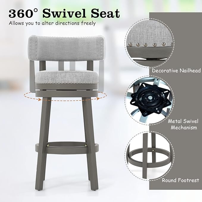 COSTWAY Bar Stool Set of 4, 27-inch 360° Swivel Barstool with Upholstered Back & Seat, Solid Rubber Wood Legs & Footrest, Farmhouse Counter Height Chair for Home, Bar, Cafe, Grey (4, Seat height 27‘’)