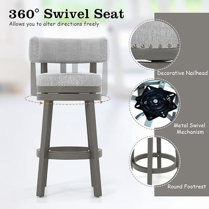 COSTWAY Bar Stool Set of 4, 27-inch 360° Swivel Barstool with Upholstered Back & Seat, Solid Rubber Wood Legs & Footrest, Farmhouse Counter Height Chair for Home, Bar, Cafe, Grey (4, Seat height 27‘’)