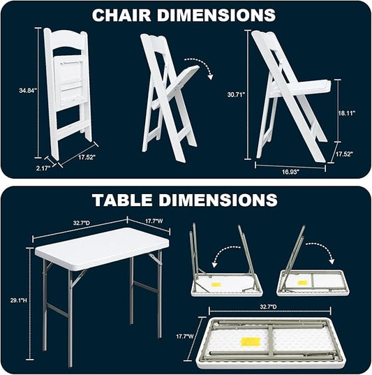Folding Table Rectangular All-Occasion Plastic Folding Event Table for Indoor and Outdoor, Portable Desk, Camping, Durable and Stable, HDPE and Steel (White, 2.7ft + 1 Chair)