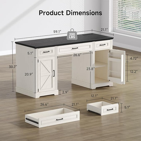 ONBRILL 59 inch Farmhouse Executive Desk with Drawers, Home Office Desk with File Cabinet, Outlets, Storage Cabinet, Keyboard Tray, Wood Computer Desk for Work Study Writing (Off White & Black)