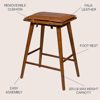 JONATHAN Y CSL2002A Peroni 26" MidCentury Classic Saddle-Seat Solid Wood/Vegan Leather Backless Counter Stool with Removeable Cushion for Pool, Deck, Poolside, Chestnut Brown
