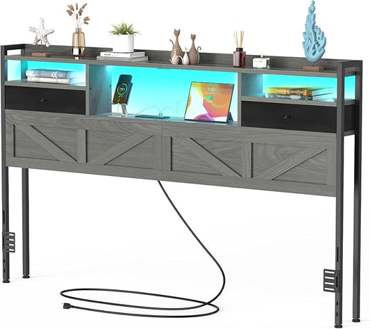 King Size Headboard with Drawers, Outlets & USB Ports,Sturdy Wood Bed Frame with Adjustable Height, Built-in LED Lighting (Grey, King 75.2 * 7.08 * 45.7)