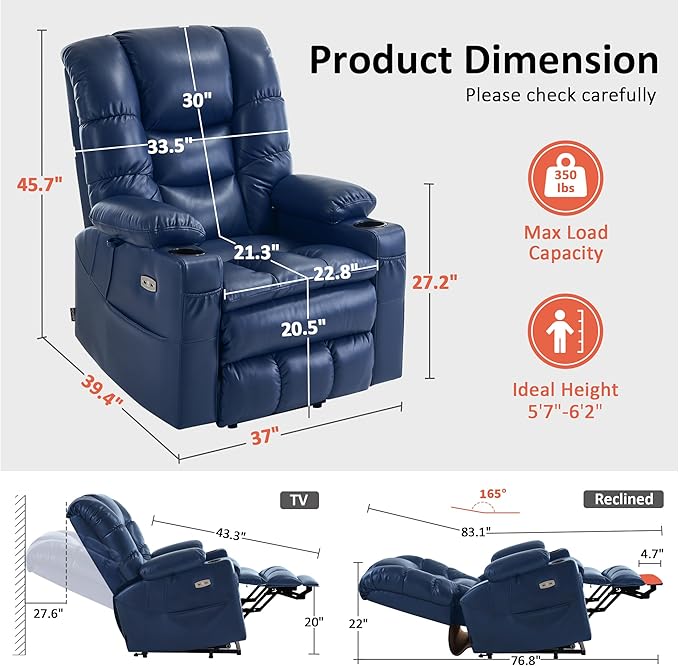MCombo Large Triple Motor Power Lift Recliner Chair with Massage and Dual Heating, Adjustable Headrest for Tall Elderly People, Faux Leather 7634 (Blue, Large)