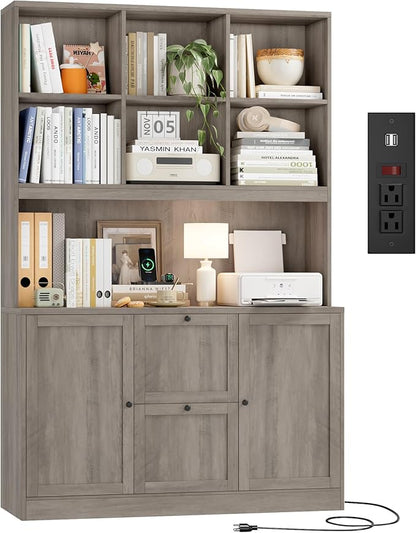 HIFIT 72'' Tall File Bookcase with Power Outlet & Printer Stand, 2 Drawer Filing Cabinets for Home Office Hanging A4 File, Storage Cabinet w/ 3 Tier Open Book Shelf & Doors for Living Room, Ash Grey