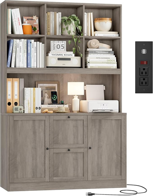 HIFIT 72'' Tall File Bookcase with Power Outlet & Printer Stand, 2 Drawer Filing Cabinets for Home Office Hanging A4 File, Storage Cabinet w/ 3 Tier Open Book Shelf & Doors for Living Room, Ash Grey