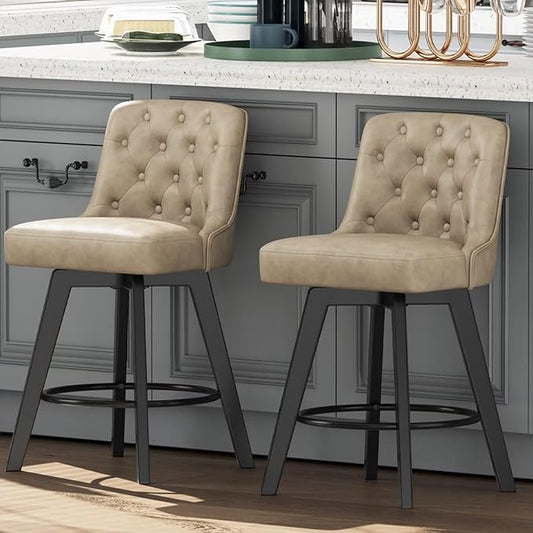 MINCETA Bar Stools Set of 2, PU Leather Barstools, 26 Inch Upholstered Counter Stools with Low Tufted Back and Footrest, Swivel Counter Height Barstools for Kitchen Island Home Bar Khaki