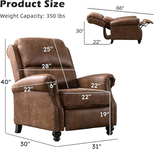 Push Back Recliner Chair Faux Leather Lounge Armchair with Rivet Decoration Wingback Single Sofa Chair with Padded Seat Solid Wood Legs for Living Room, Chocolate