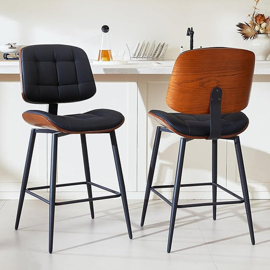 Mid Century Modern Bar Stools Set of 2 for Kitchen Island,Upholstered Black Faux Leather Counter Height stools,26 Inch Counter stools with Walnut Grain Back