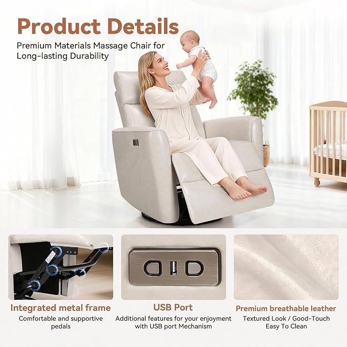 Himimi Power Massage Recliner Chair, Oversized Swivel Rocker Chair with Vibration Massage and Heat, Glider Recliner for Adults, USB Charging, Side Pocket, Nursery, Living Room, Bedroom (Ivory)