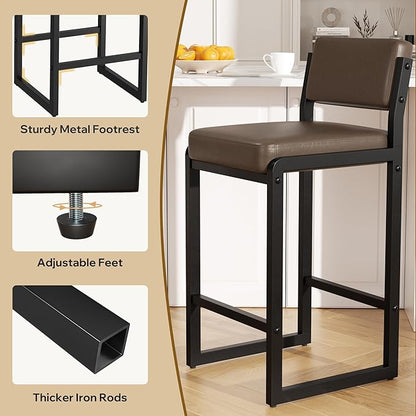 Bar Stools, Faux Leather Counter Height Bar Stools with High Back and Metal Legs, Upholstered Bar Chairs, 26" Modern Barstools for Kitchen Island, Dark Brown