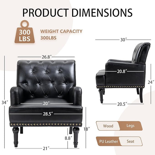 MOJAY Faux Leather Accent Chair, Mid-Century Armchair Living Room Sofa Chair with Rubber Wood Leg, Club Chair with Rivet Trim for Bedroom Reading Room Reception (Black)