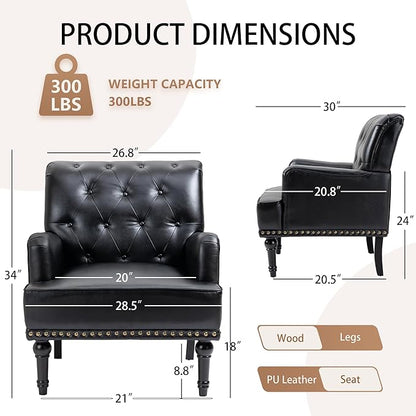 MOJAY Faux Leather Accent Chair Set of 2, Mid-Century Modern Living Room Chair Lounge Study Sofa Chair with Sturdy Wood Legs, Club Chair Armchair for Bedroom Home Study Reception (Black)