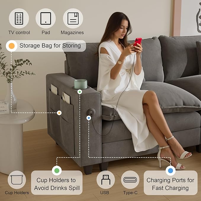 Cloud Couch, Modular Sectional Sofa with Ottoman, Charging Station, Throw Pillows, Cup Holders, Modern Convertible L Shaped Couches for Living Room, Bedroom (Grey, 152"- U Shape)