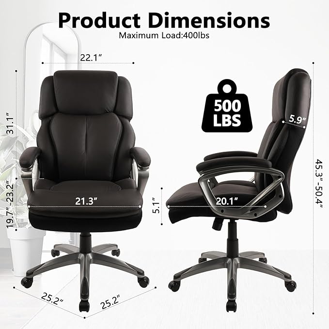 CLATINA Big and Tall Executive Office Chair, Extra Wide Seat, 500 LBS Capacity Heavy Duty Ergonomic Cloth Desk Chair with Wheels and Padded Armrests, High Back Fabric Computer Task Chair, Black