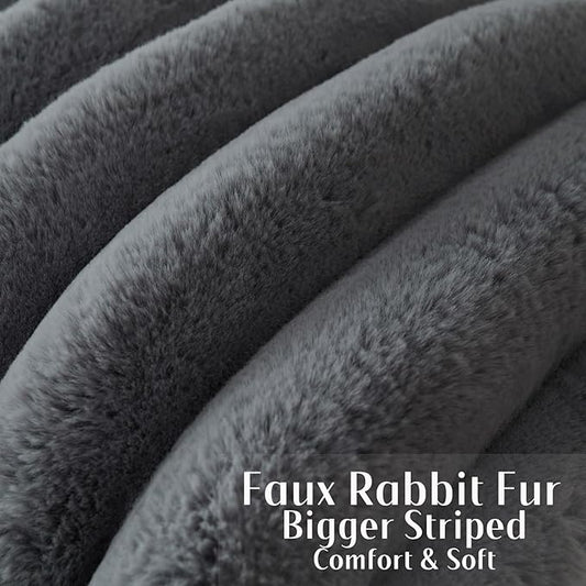 FUTEI Dark Grey Decorative Throw Pillow Covers 20x20 Inch Set of 2, Square Soft Faux Rabbit Fur Big Striped Cushion Cover,Home Decor for Couch Sofa Bed Living Room
