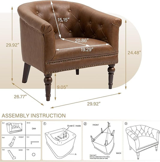 Pia Ricco Faux Leather Barrel Accent Chair, Comfy Club Armchair with Solid Wood Legs, Nailhead Trim Upholstered Single Sofa Chair for Living Room Bedroom/Reading Room, Tan, Set of 2