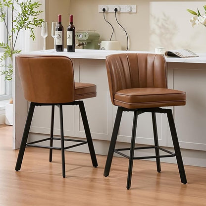Swivel Counter Height Bar Stools Set of 3, 26'' Modern Barstools with Backs and Metal Legs, Upholstered Bar Chairs, Faux Leather Dark Brown Stools for Kitchen Island Chairs