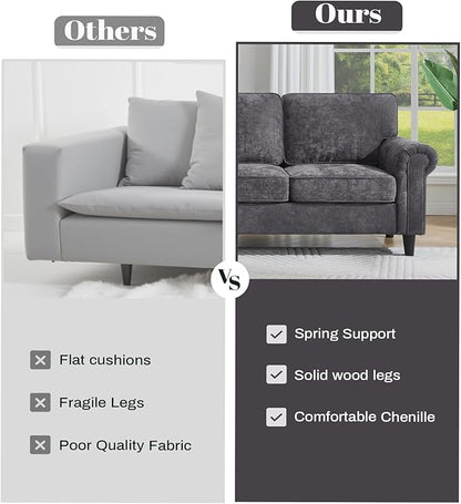 Kingfun 3 Seater Couch, Mid Century Modern Sofa with Rolled Arms and Deep Seats, Fluffy Comfort for Living Room, Apartment, Easy Assembly, Gray