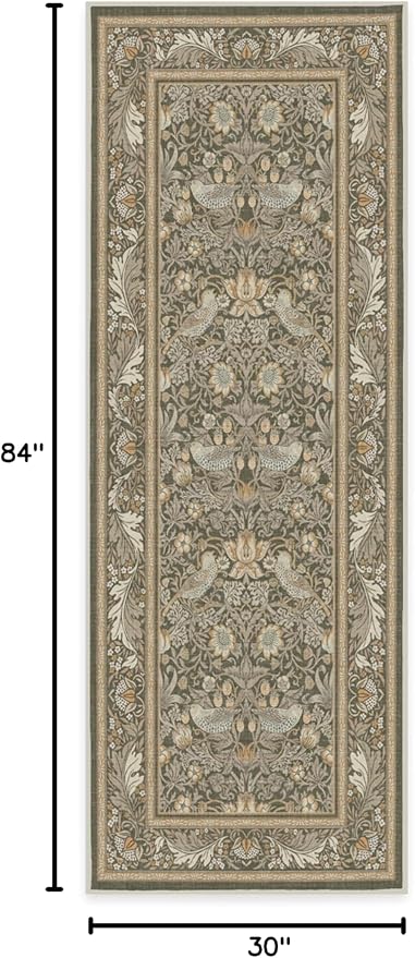 RUGGABLE x Morris & Co Machine Washable Runner Rug – Strawberry Thief Stone Gold 2.5x7, Stain-Resistant, Non-Slip – Washable Rug for Hallway, Entryway, Living Room & Kitchen–with Cushioned Pad