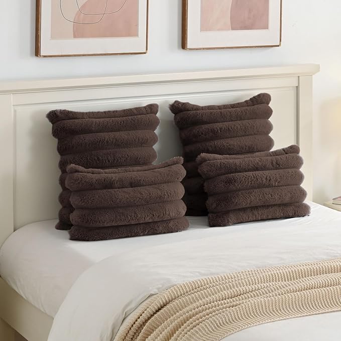 FUTEI Dark Coffee Decorative Throw Pillow Covers 20x20 Inch Set of 2, Square Soft Faux Rabbit Fur Big Striped Cushion Cover,Home Decor for Couch Sofa Bed Living Room
