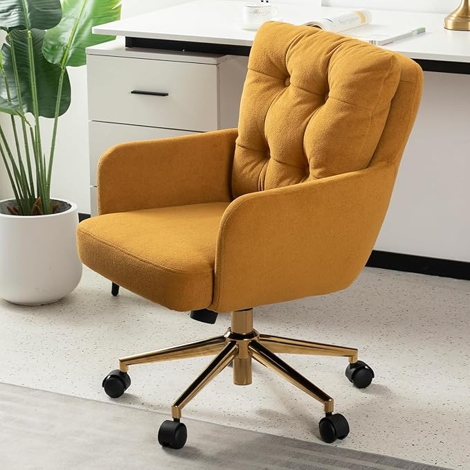Velvet Office Chair, Comfy Home Office Desk Chairs with Lumbar Support, Modern Velvet Desk Chair Gold Legs Small Swivel Task Chair for Home Office, Bedroom, Study (Yellow, L)