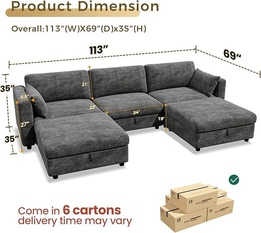 KKL Modular Sectional Couches for Living Room, Chenille 5 Seater Sofa Couch with Adjustable Backrest, Sofa Couch with Comfy Cushion, Dark Grey