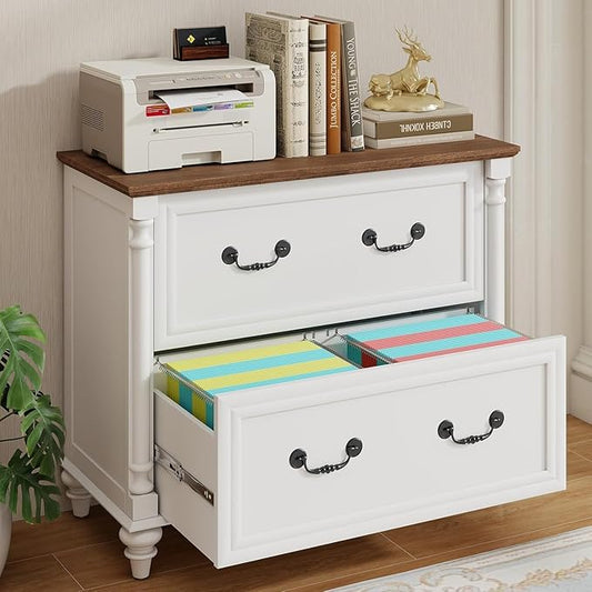 Lateral File Cabinet 2 Drawers Farmhouse File Cabinet Set of 2 for Letter/A4/Legal Size Hanging Files, Large Rustic White Storage Cabinets Printer Stand with 4 Solid Wood Feet &Column Decor for Office