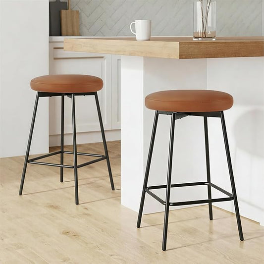 Swivel Bar Stools Set of 3, 24" Counter Height Bar Stool, Backless Barstools with Faux Leather Upholstered Seat&Sturdy Wood Legs for Kitchen Island, Brown
